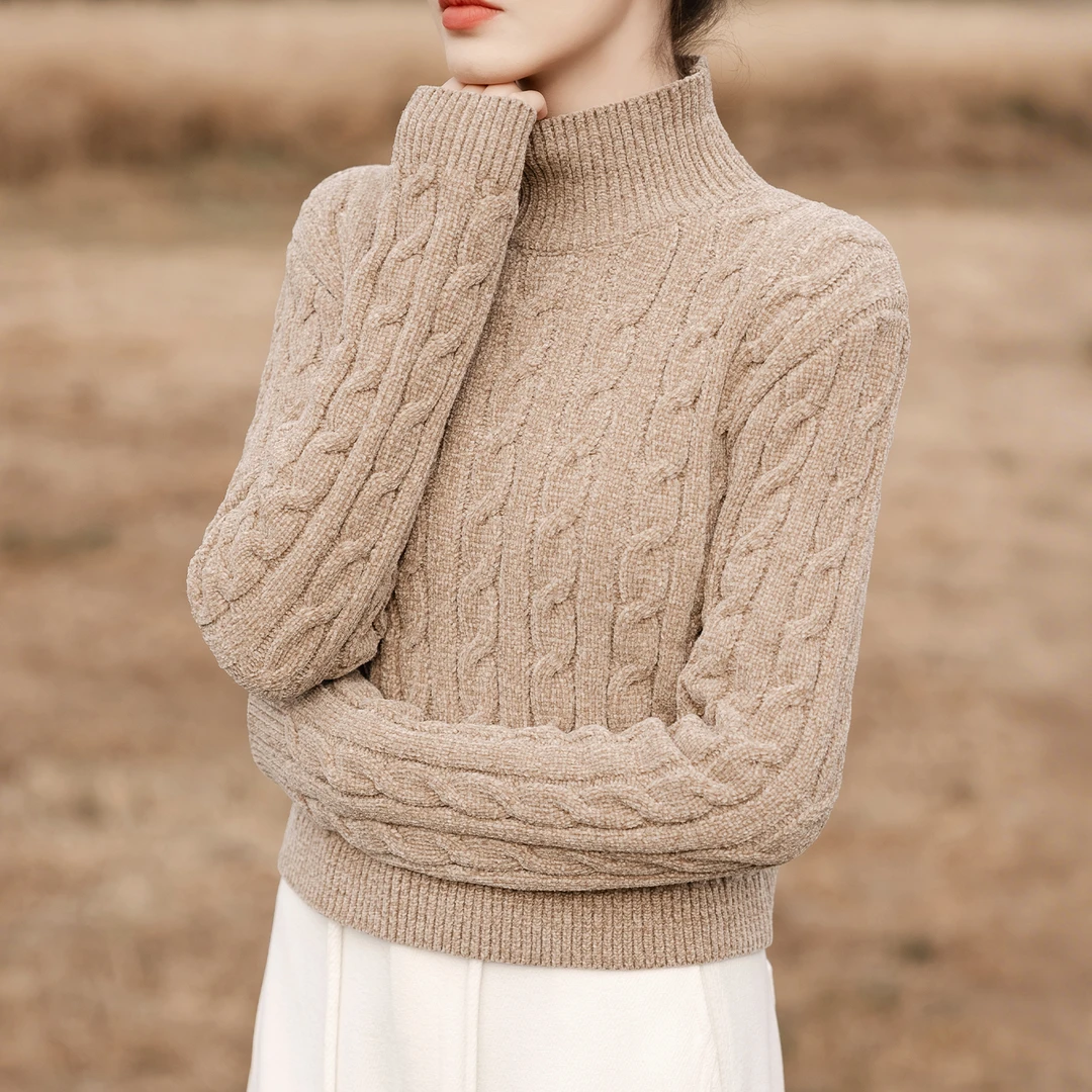 秋冬季百搭爆款保暖绒面绞花编织高领燕麦色毛衣女