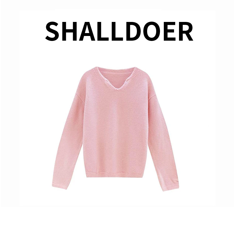 潮流纯色V领长袖上衣女2025秋季新款韩系高级设计感通勤针织衣服