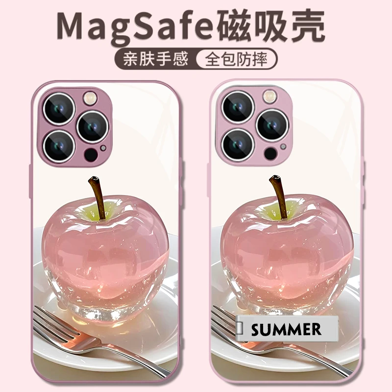 适用苹果华为小米水晶粉苹果金属漆玻璃磁吸粉色动漫防摔手机壳