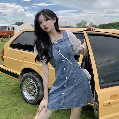 法式方领牛仔收腰连衣裙小众女夏季年新款小个子气质显瘦复古裙子