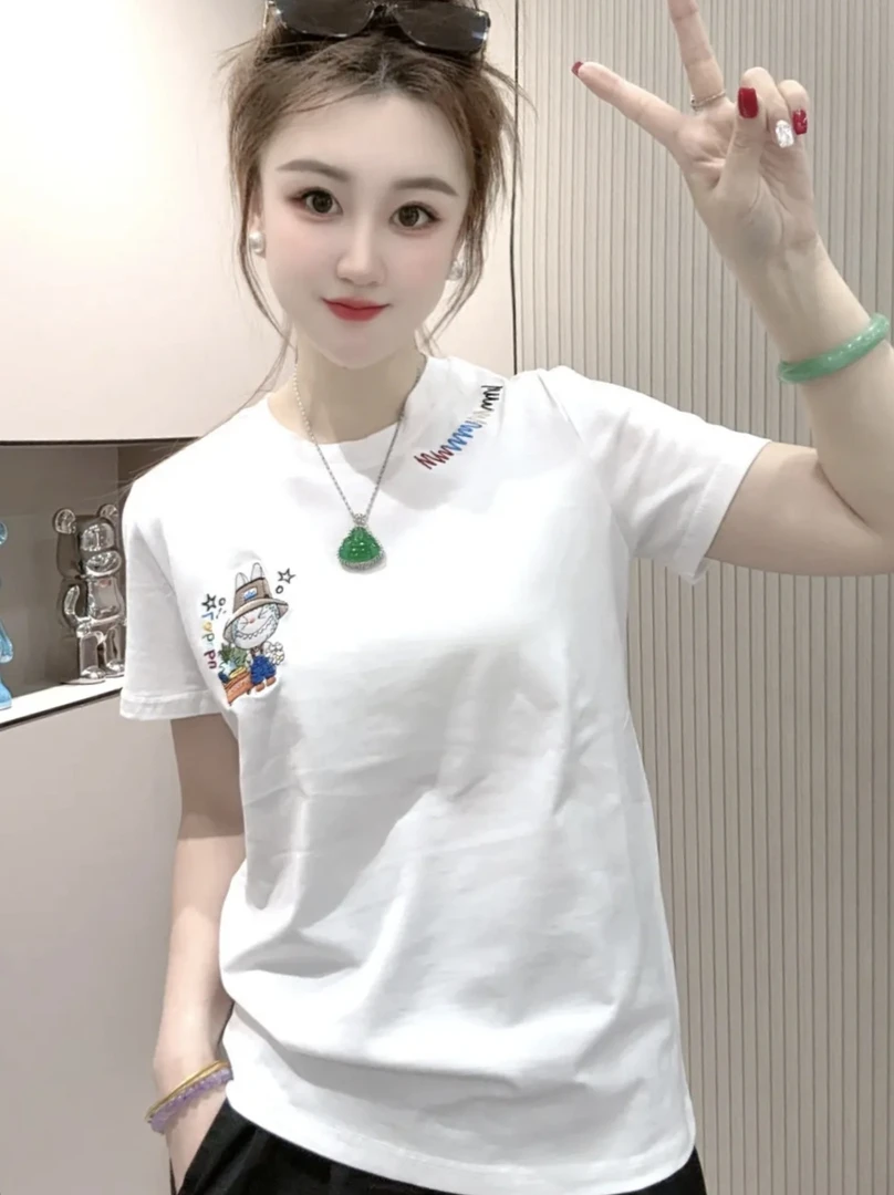 欧洲站2025潮流拉布布俩面字母短袖T恤女时尚修身显瘦圆领上衣