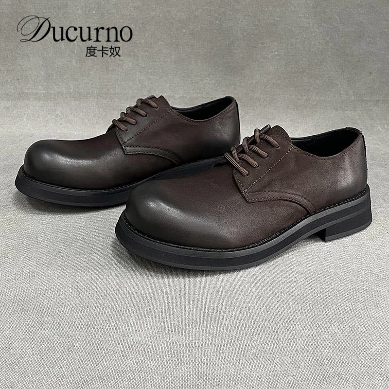 休闲皮鞋男士英伦厚底潮鞋秋季百搭潮流低帮大头鞋高端透气德比鞋