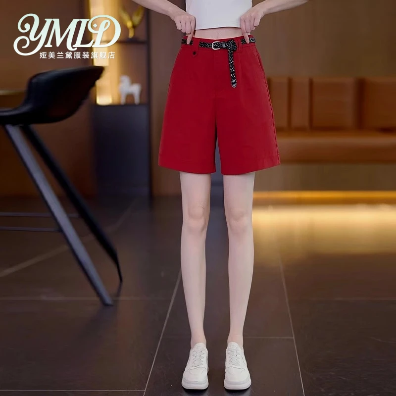 红色短裤女夏季薄款2025年新款高腰垂感宽松显瘦休闲阔腿五分裤子