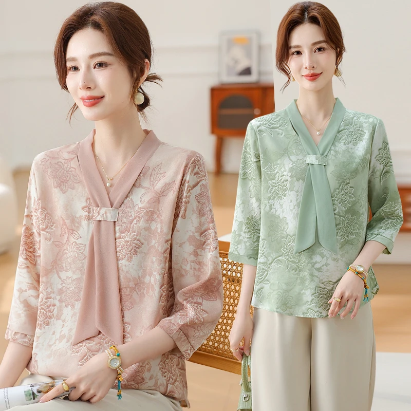 母亲节妈妈夏装减龄雪纺小衫2025新款洋气薄款T恤七分袖上衣套装