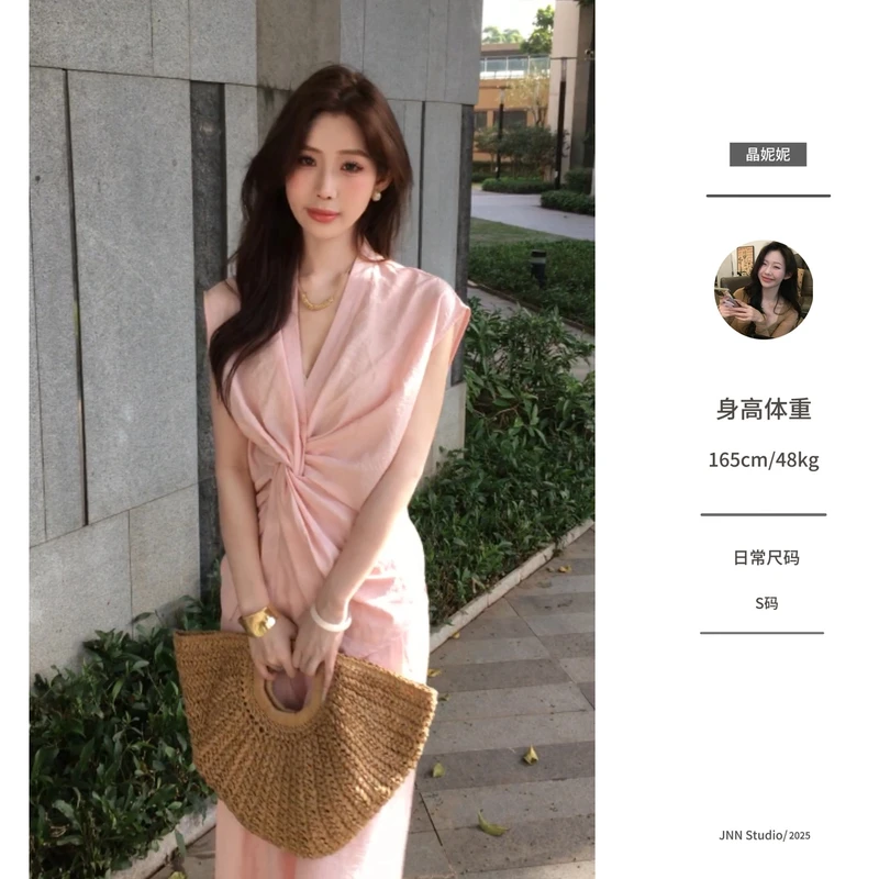 【晶妮妮定制】无袖交叉扭结V领衬衫2025夏季新款小众简约气质套装