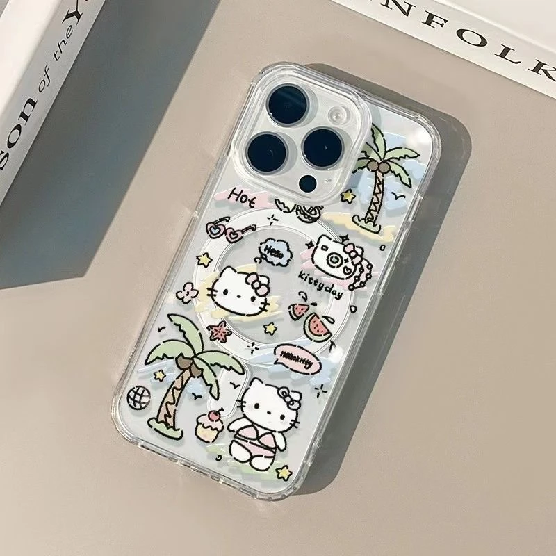 带AI相机触控侧键磁吸手机壳适用苹果iphone16Promax沙滩猫咪小新