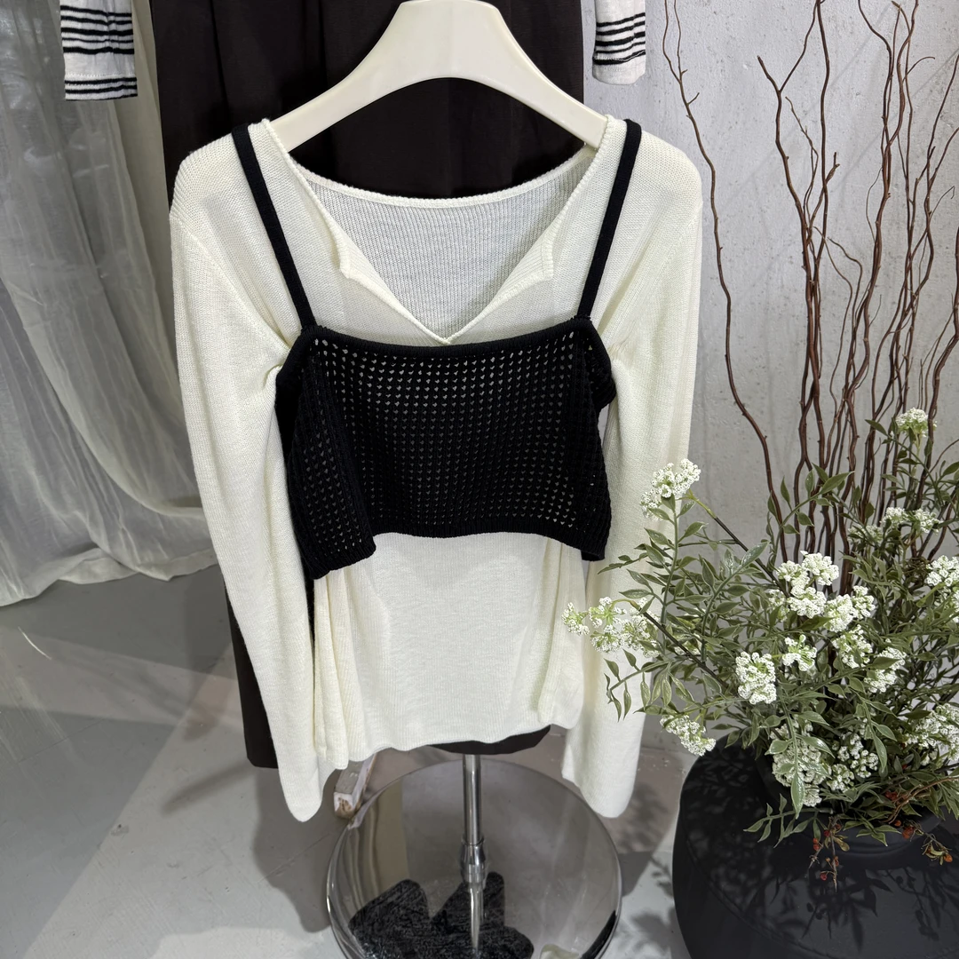 十三行女装新款2025早秋季V领长袖针织衫+短款吊带背心两件套上衣