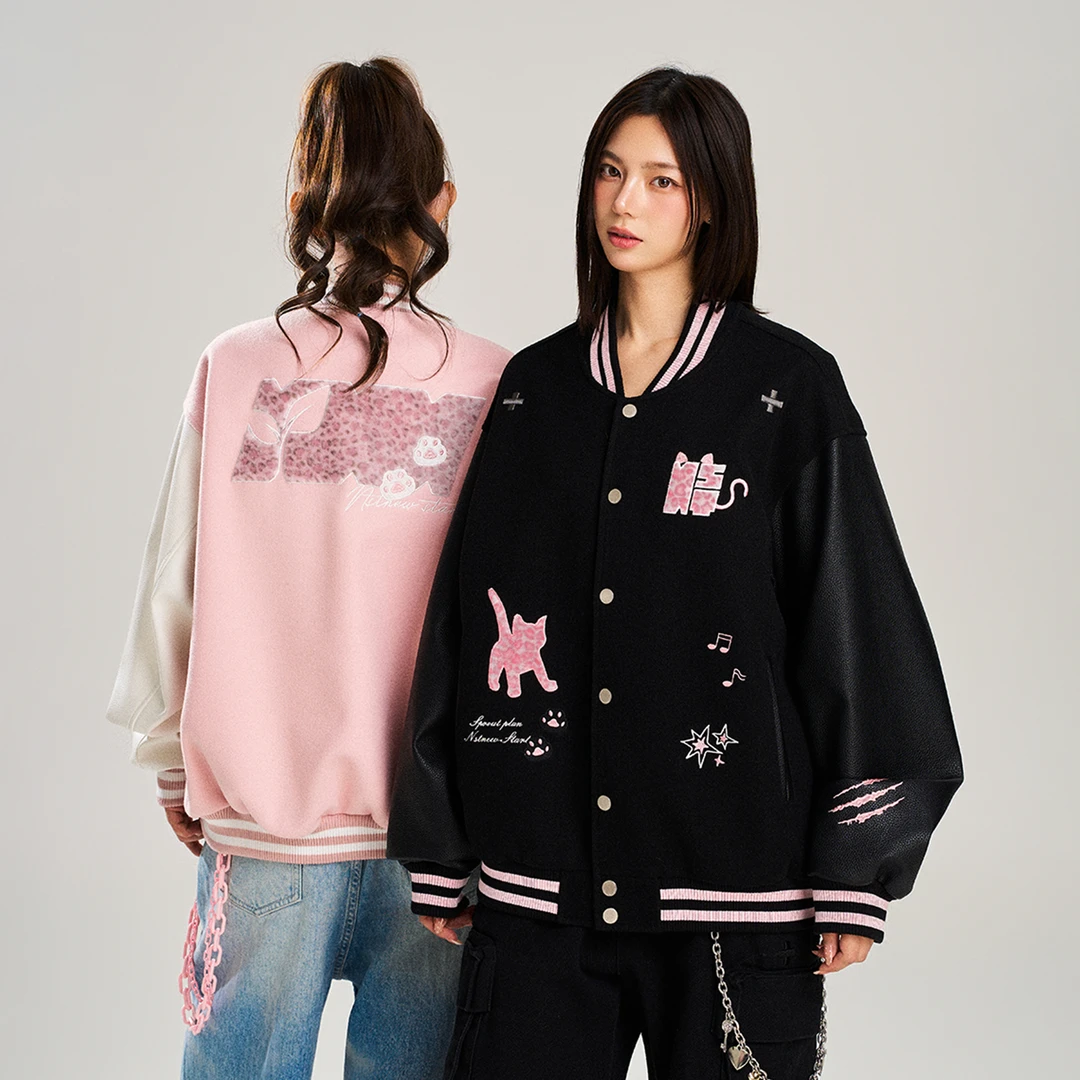 NSTNEW START发芽计划豹豹猫猫绒感贴布美式立领棒球服夹克外套