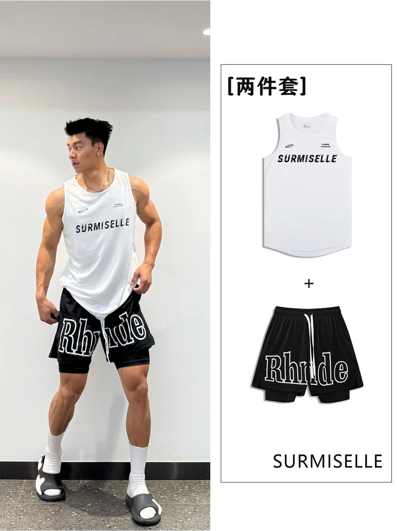 套装休闲健身速干背心宽松美式印花篮球短裤透气大网眼内衬投篮服