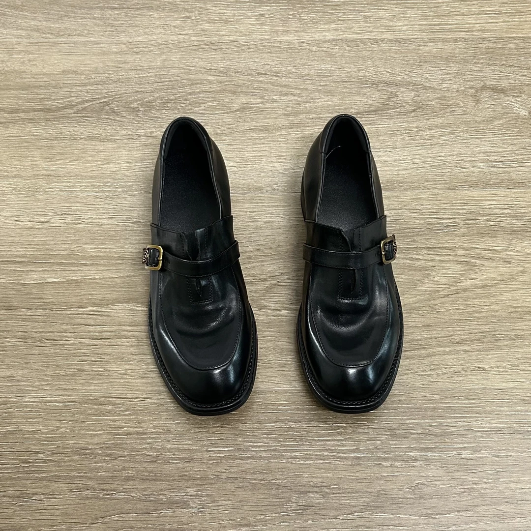 Dannyfrey头层牛皮法式复古皮带扣女软皮中跟舒适通勤乐福鞋3CM
