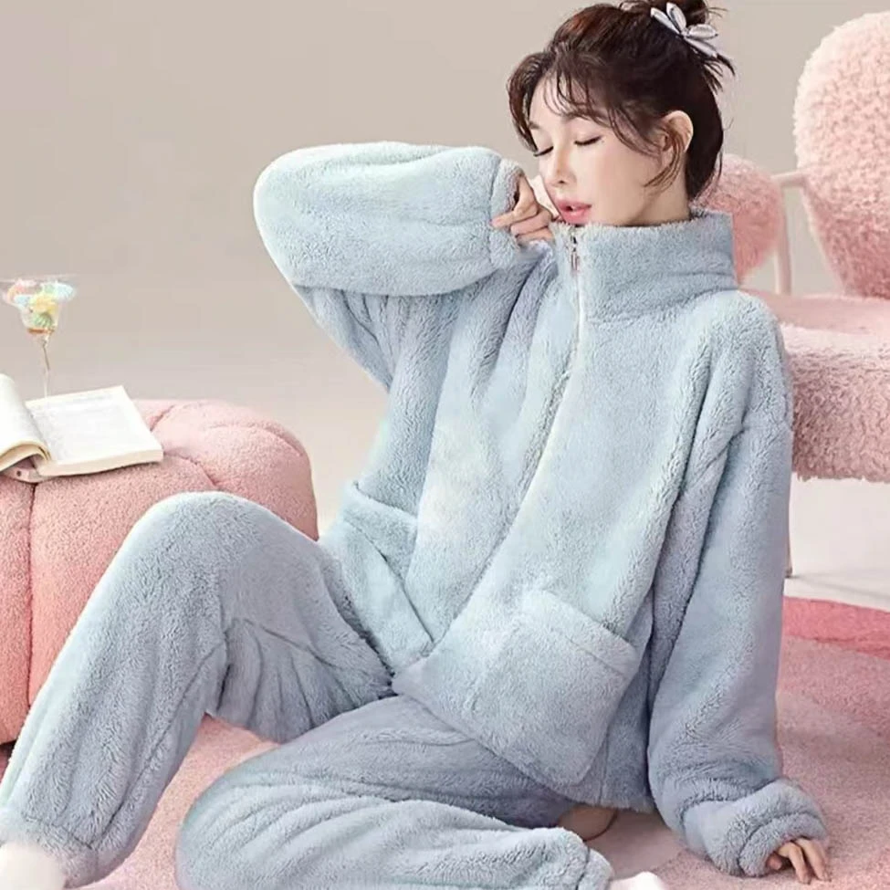 2025松紧加厚成人透气立领毛绒冬季套装睡衣保暖纯色家居服