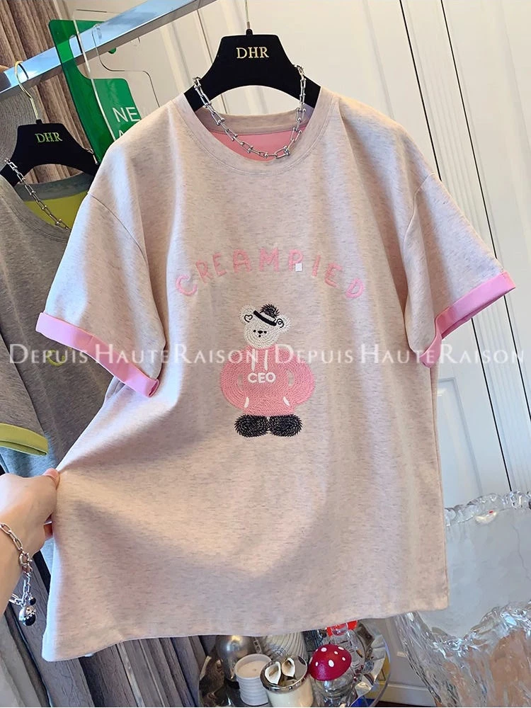 特大码300斤超好看减龄刺绣小熊撞色短袖T恤宽松大版上衣女2025春