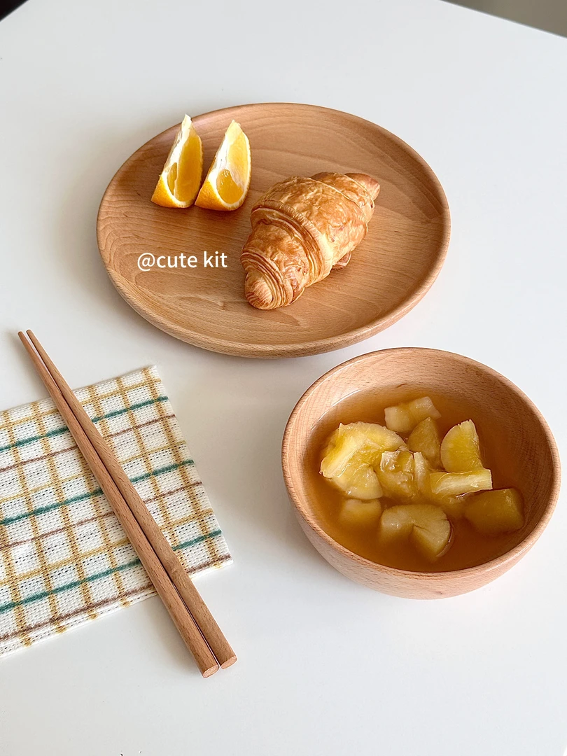 cute kit·实木榉木一人食三件套圆盘碗筷原木托盘儿童碗无漆餐具