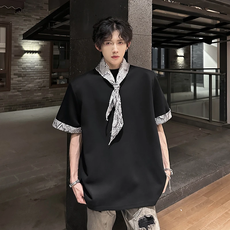 蛇纹卷边拼接短袖男款夏季美式高街丝巾垫肩t恤痞帅高级感五分袖