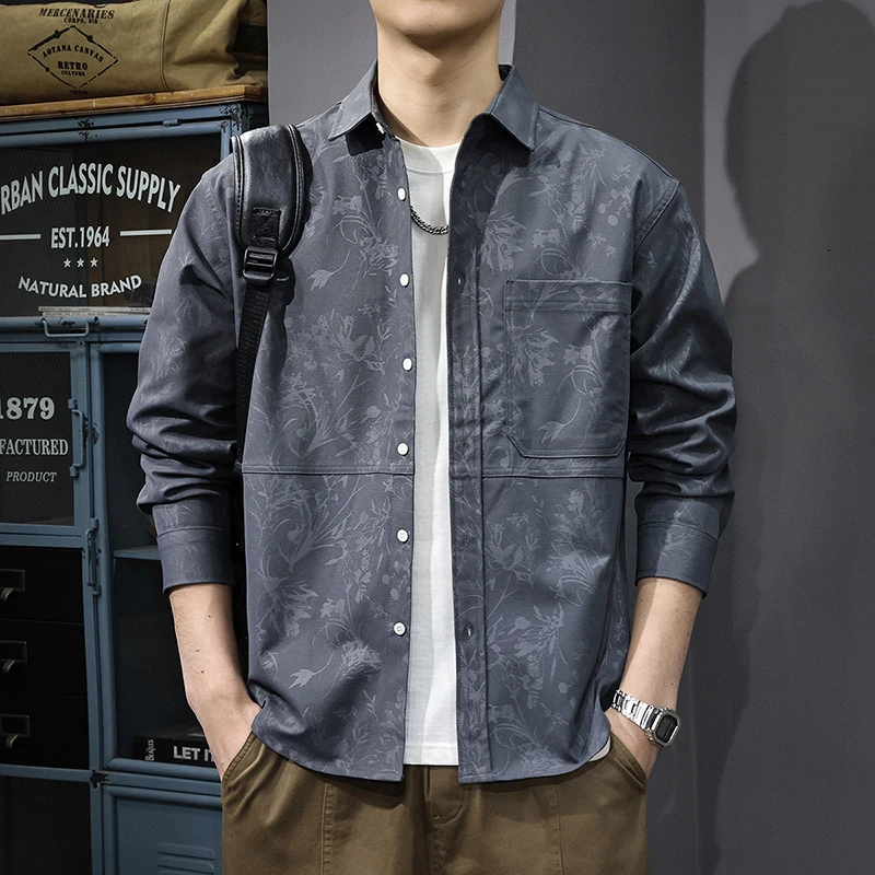 MR.MUDI/穆迪先生春季新款美式提花衬衫男宽松大码长袖衬衣外套