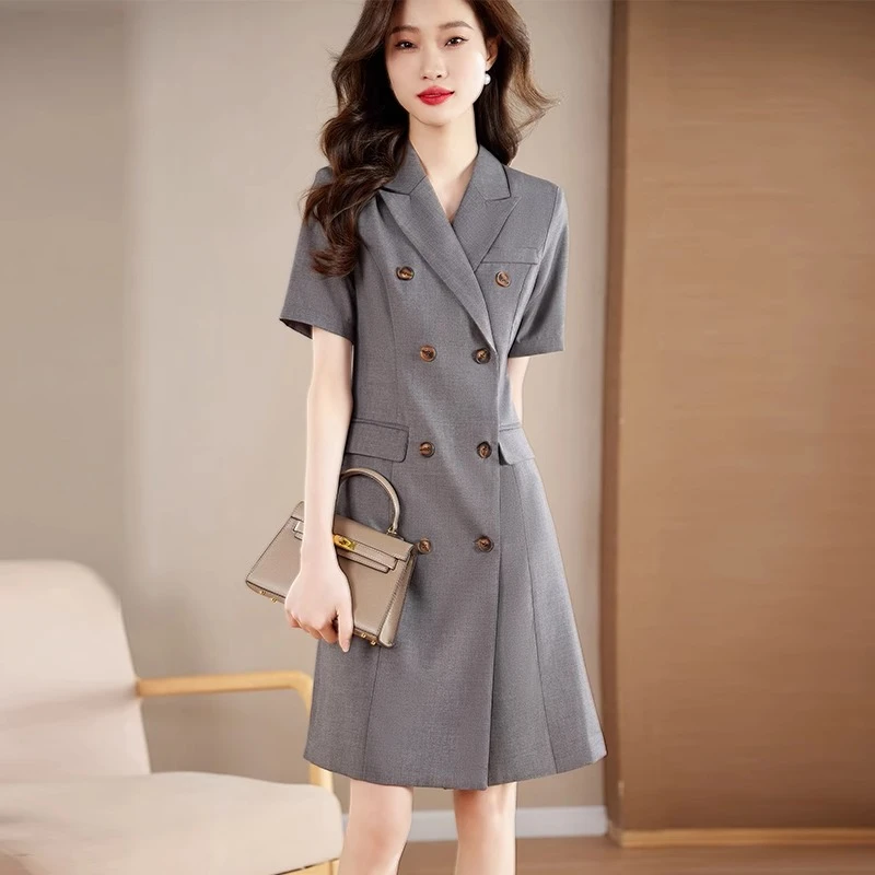 短袖西装连衣裙女高级感夏季2025新款职业装气质a字裙子正式场合