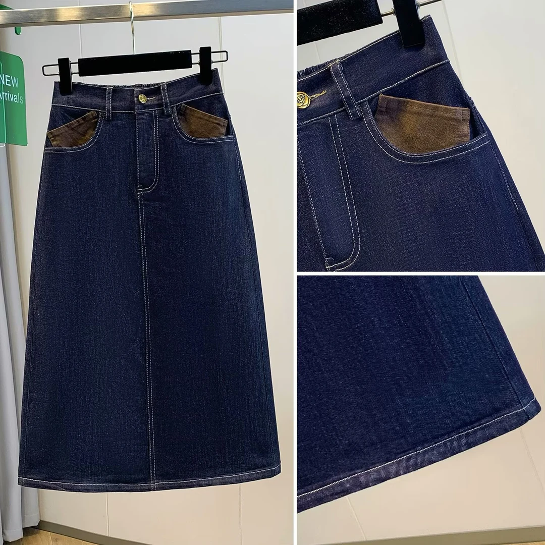 胖mm高腰显瘦A字裙大码女装复古撞色牛仔半身裙春装新款百搭裙子