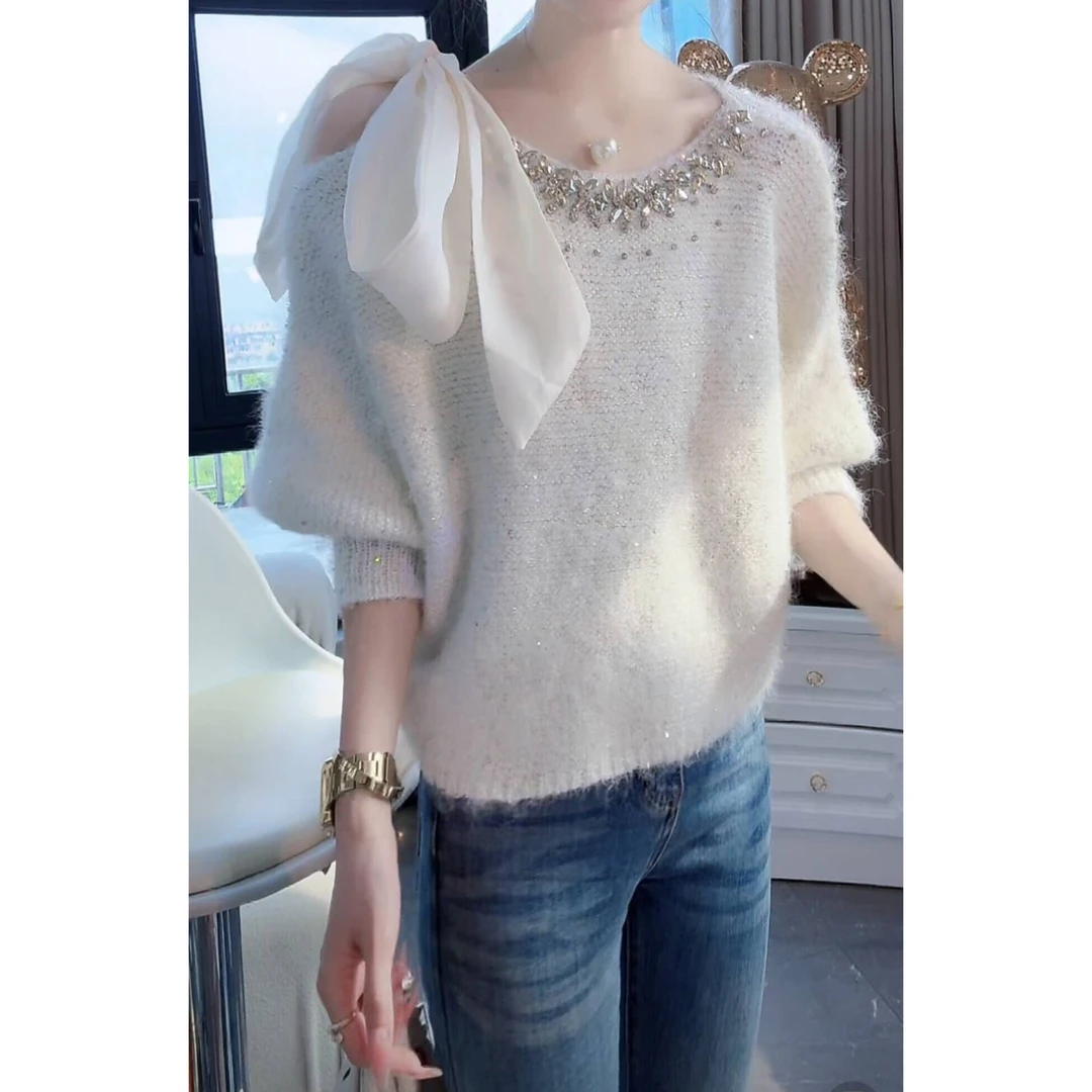 薇恩COCO新款重工镶钻针织长袖修身时尚毛衣上衣