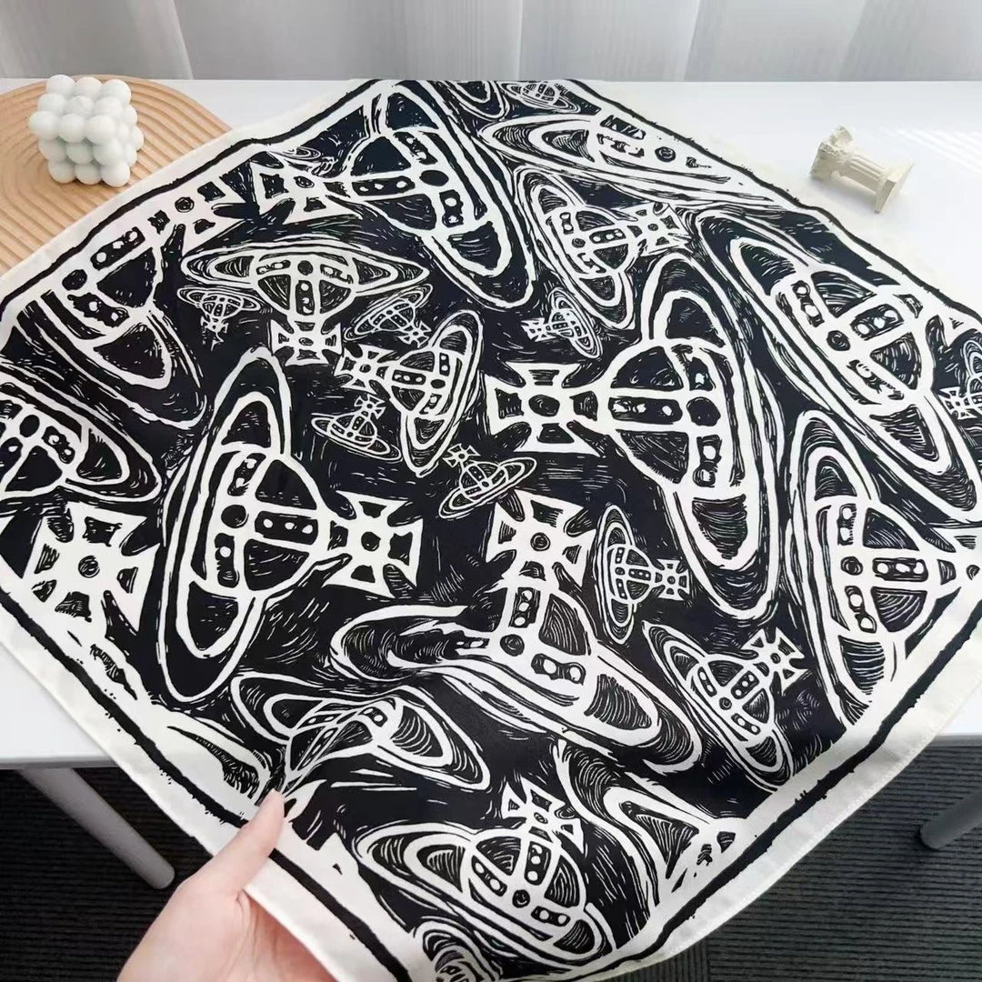 D005百搭复古女士女花纹不起球黑色薄款丝巾黑白极简风土星