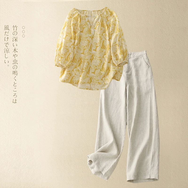 高级感时髦套装女2025夏季大码妈妈时尚洋气亚麻衬衫阔腿裤两件套