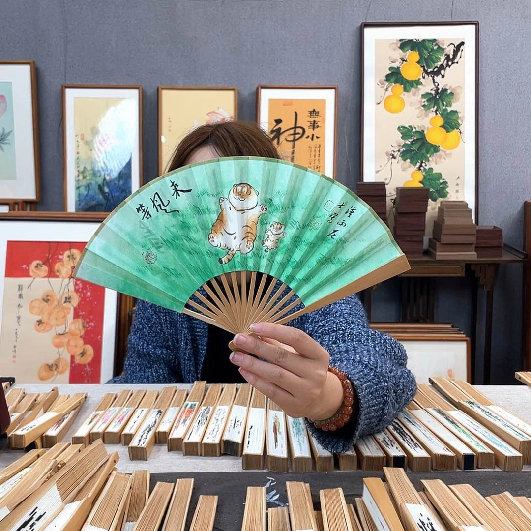 国画6寸玉竹-纯手绘-文玩扇骨（默认粘好）