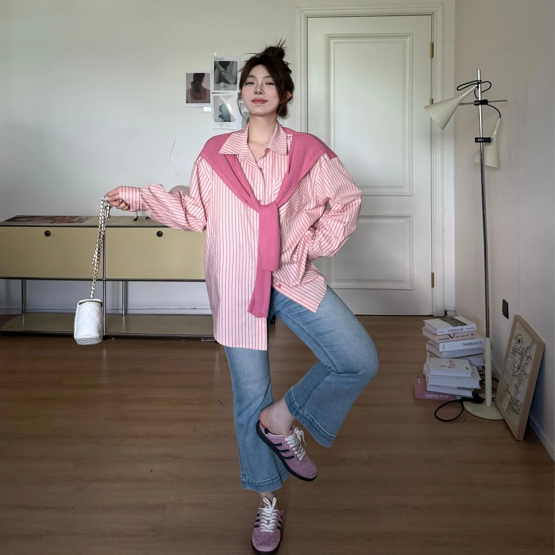 晶咕软软【日常心动】假两件拼接时尚设计感自带披肩条纹衬衫