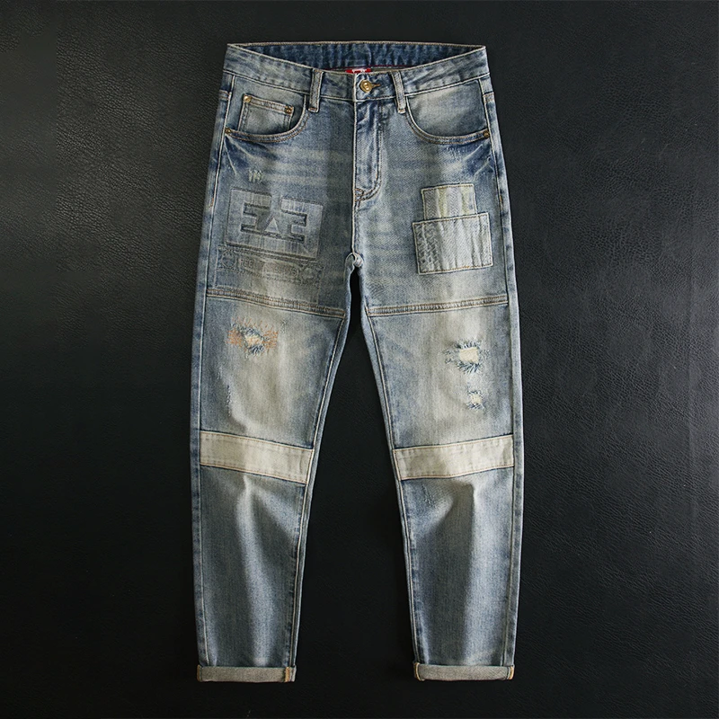 欧美高端牛仔裤男款修身小直脚弹力痞帅破洞拼接贴布压胶刺绣潮牌