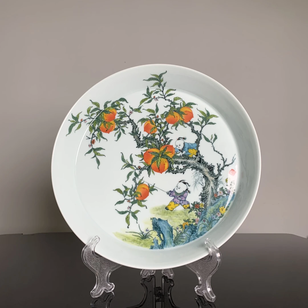 青远柴窑釉下五彩童子捧寿茶盘陶瓷家用