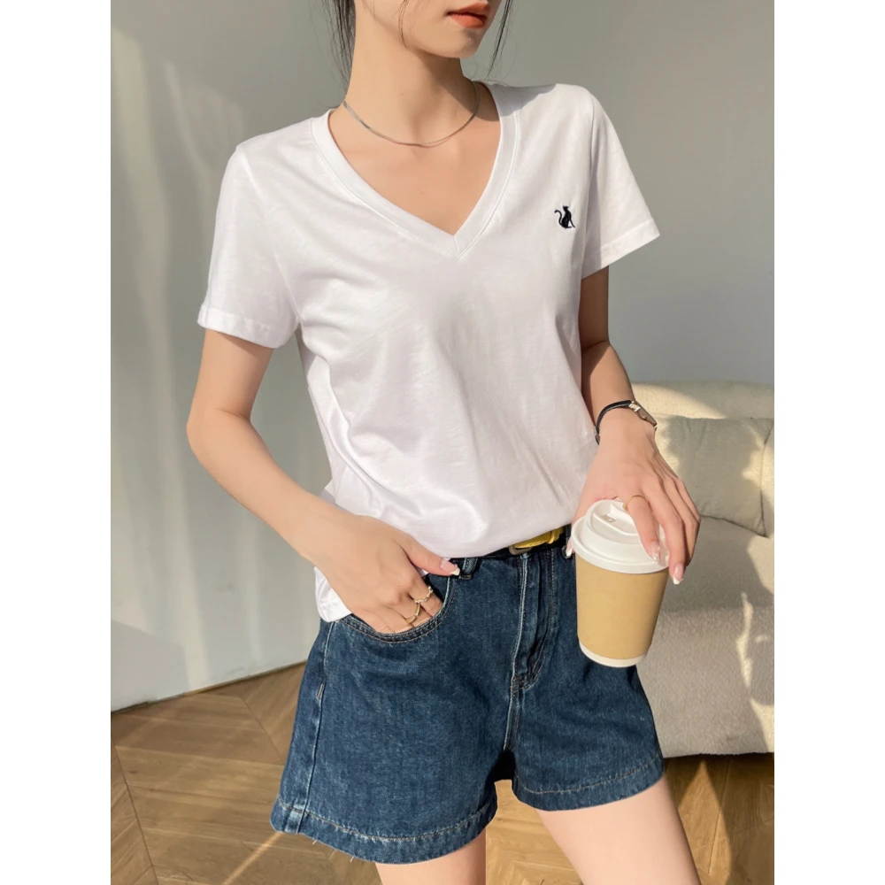 白色v领短袖t恤女2025新款夏季纯棉内搭打底刺绣外穿正肩时尚上衣