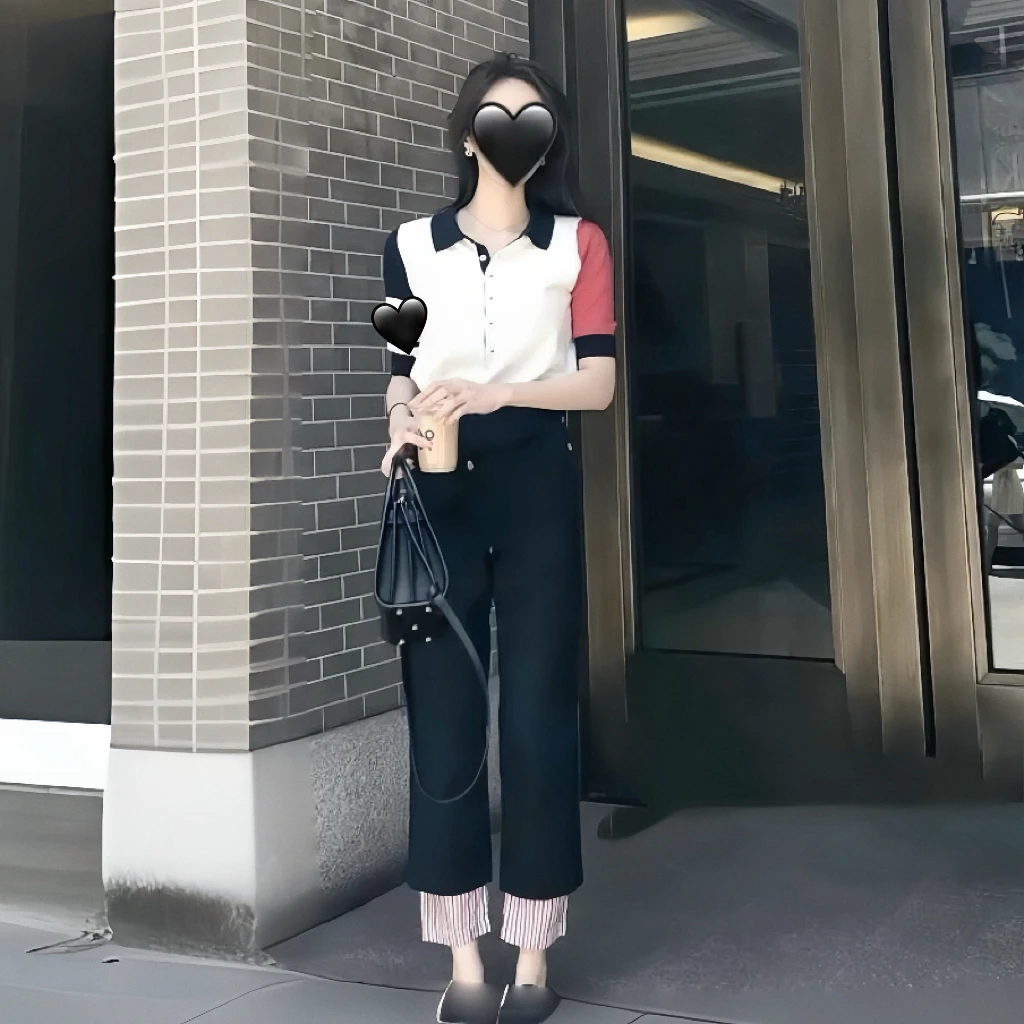 1180潮燃夏日撞色玩家•条纹革新Polo领高腰夏季针织短袖上衣拼接