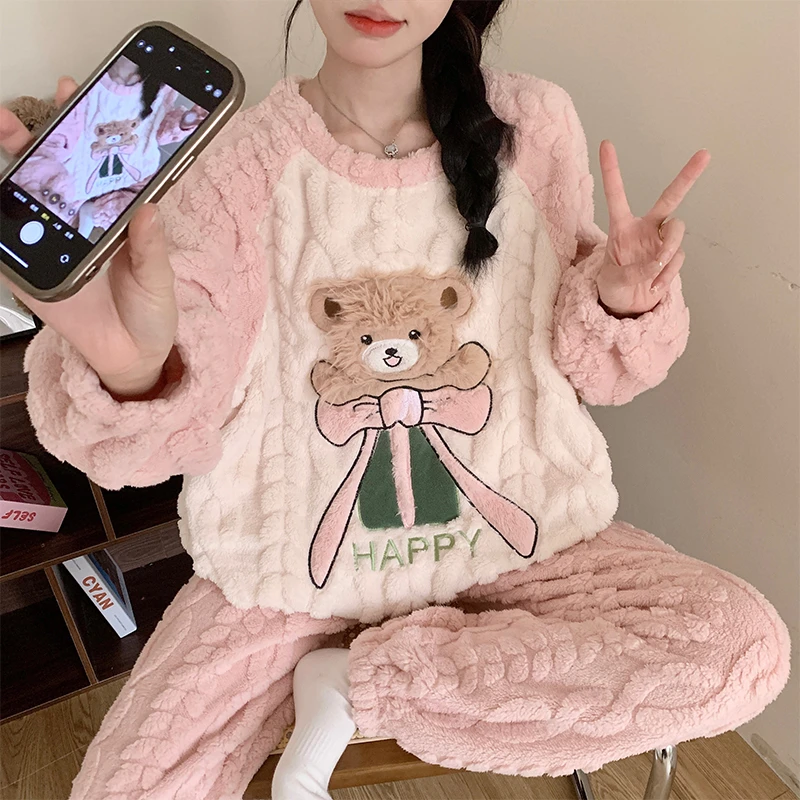 睡衣女款秋冬季加厚加绒珊瑚绒套装长毛绒宿舍卡通学生保暖家居服