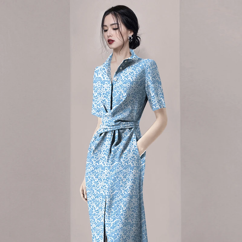 夏装2025新款女时尚气质POLO领短袖连衣裙收腰显瘦衬衫裙