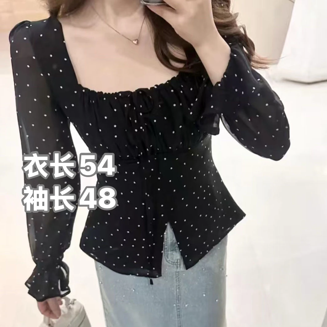小个子方领波点收腰显瘦显高雪纺上衣
