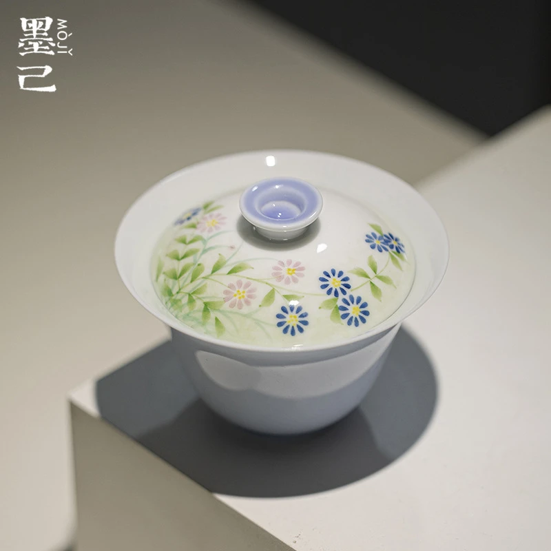 当代 墨己晴山蓝手绘野菊赋陶瓷盖碗功夫茶具家用薄胎仿烫彩绘泡