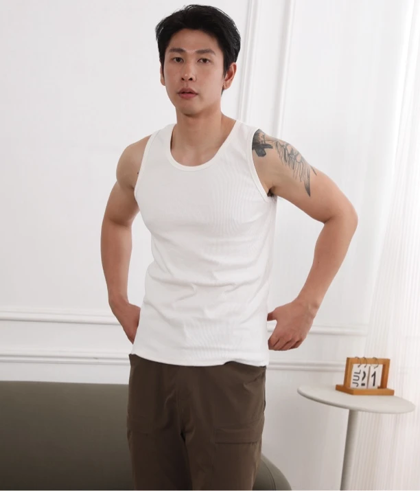 夏季美式重磅男士纯色棉螺纹背心休闲运动健身百搭修身无袖T恤潮