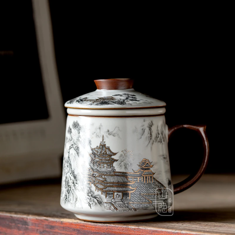 纯手工汝窑陶瓷滕王阁茶水分离茶杯中式办公室古典风味带盖泡茶杯