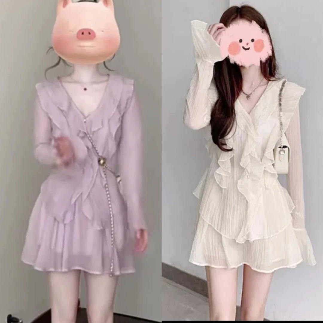 荷叶边套装春夏季新款甜美风设计感收腰衬衫上衣短裙两件套