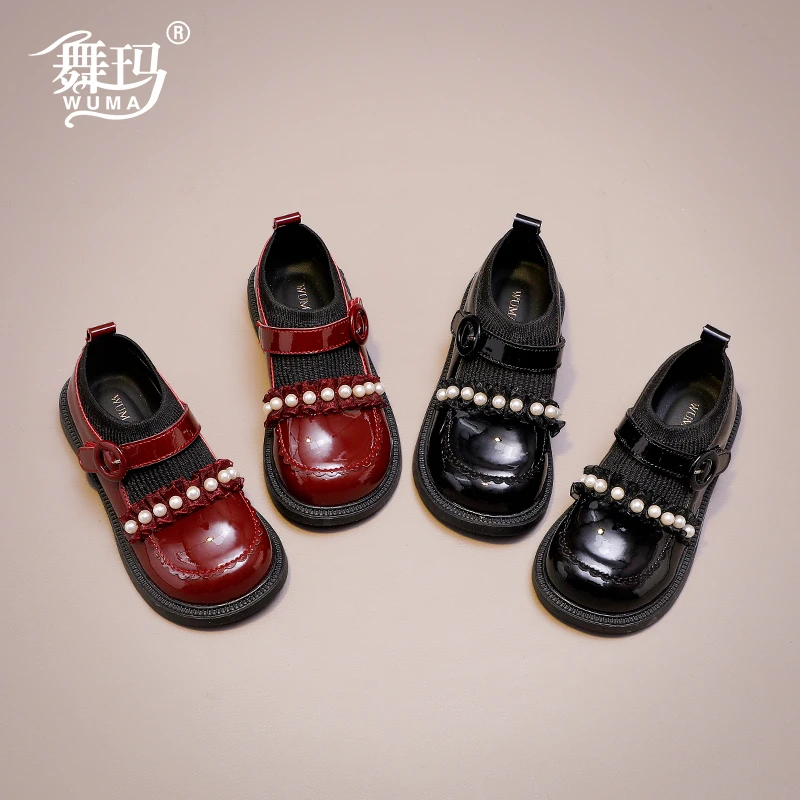 舞玛女童鞋子儿童真皮公主鞋2025新款春秋季松紧口软底皮鞋538362