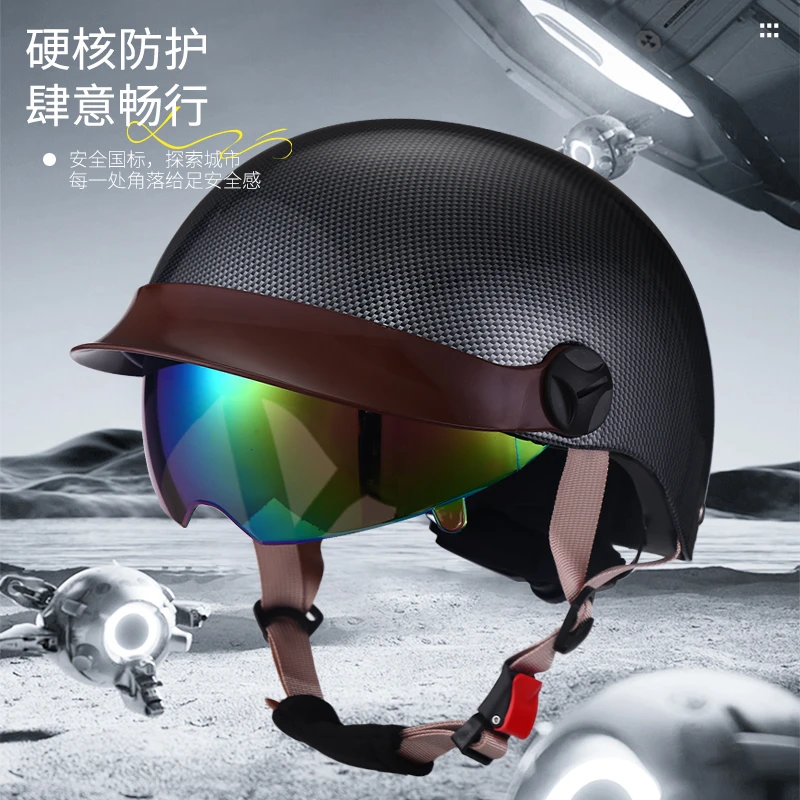 YEBAO3C认证电动车头盔男女骑行防晒复古双镜片通用水转印头盔