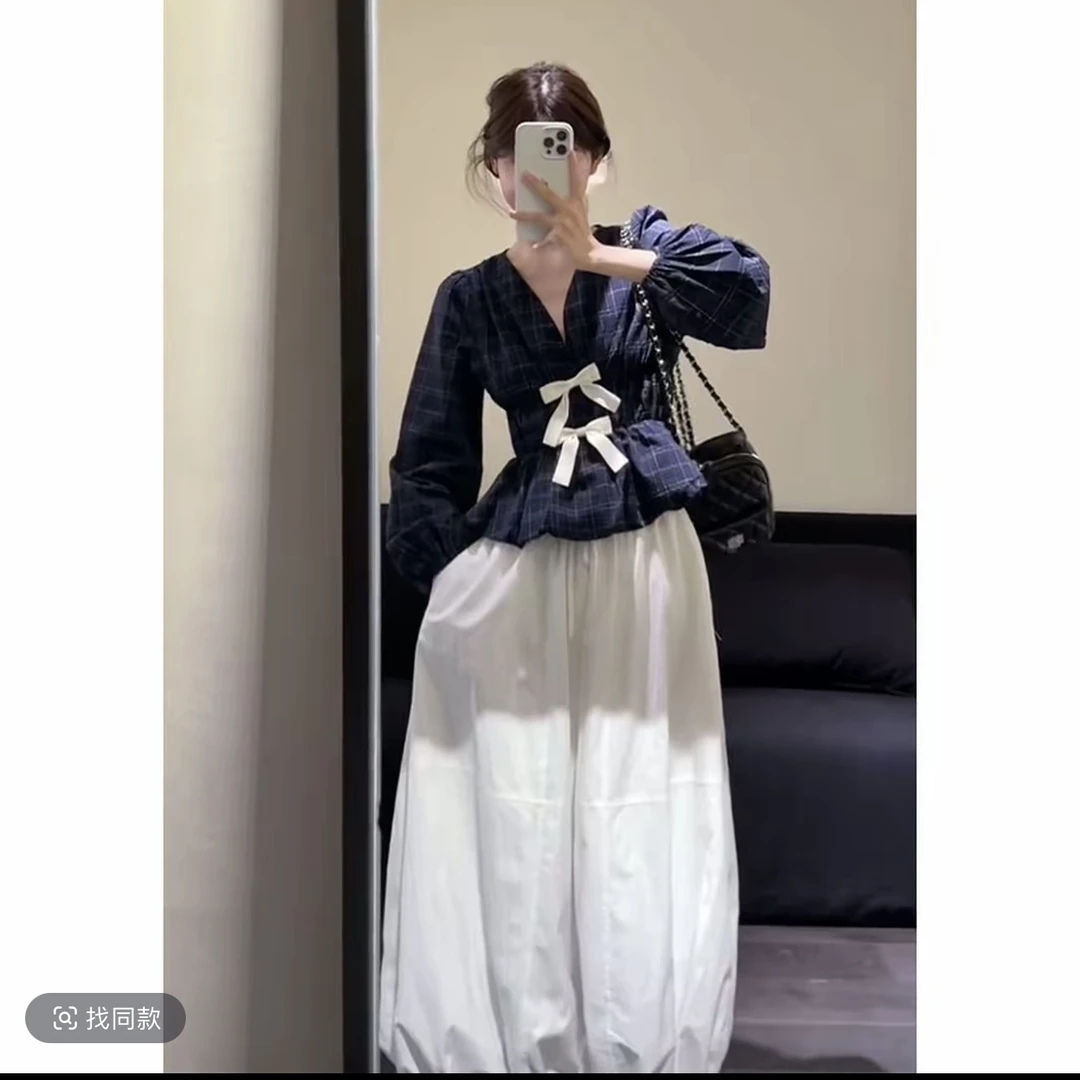 大码秋新款韩系穿搭蝴蝶结收腰格纹长袖上衣搭配高腰花苞半身裙