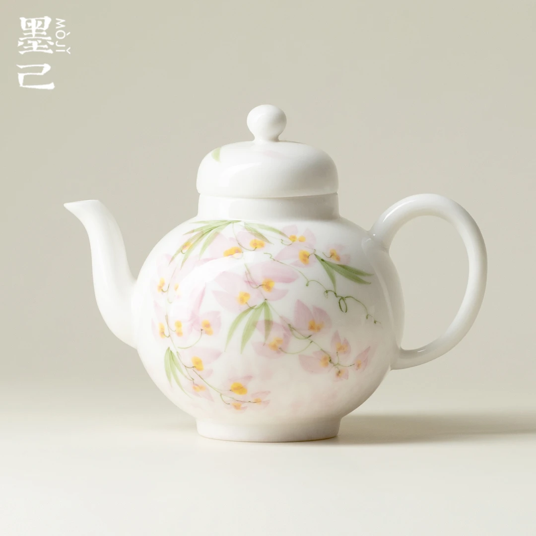 墨己玉泥白瓷手绘紫藤陶瓷茶壶功夫茶具家用球孔过滤手工手执壶