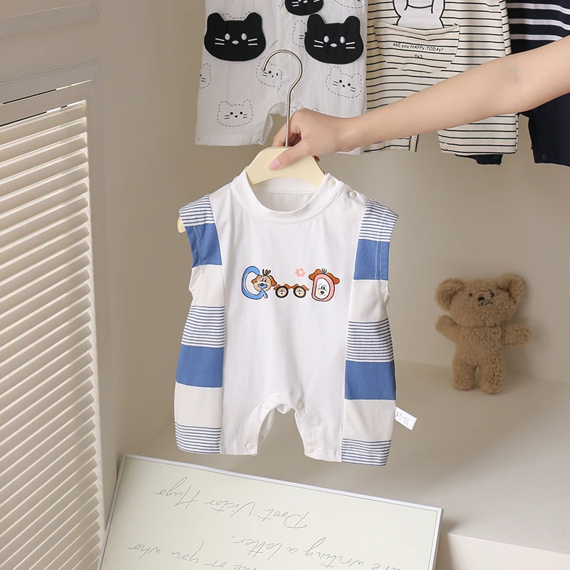 夏季新款婴儿宝宝衣服男宝无袖爬服儿童薄款哈衣新生儿夏天外出服