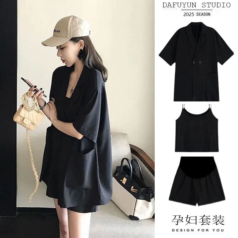 2025新款孕妇装夏装套装西装上衣短裤孕妇时髦宽松夏季三件套