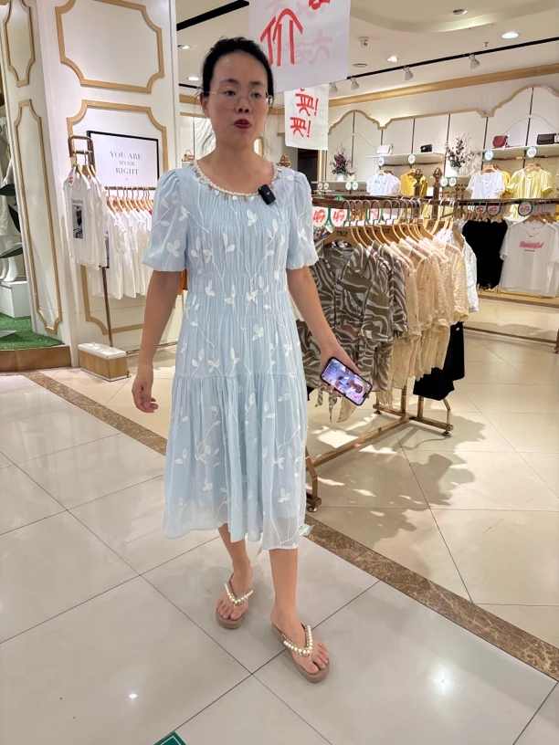 资阳恒宣C84714甜美刺绣泡泡袖圆领收腰气质显瘦连衣裙