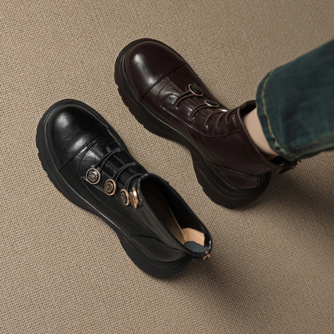 VICEN FIFI5cm厚底马丁靴女2025新款增高显瘦金属扣机车靴短靴子