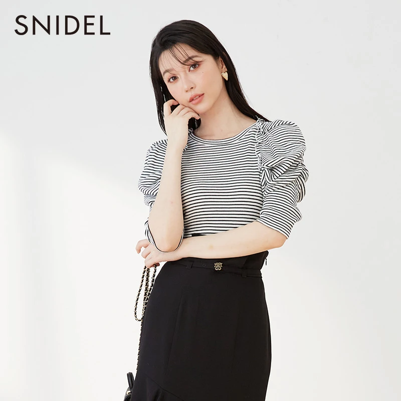 SNIDEL长袖针织优雅淑女圆领条纹泡泡袖针织上衣SWCT231196