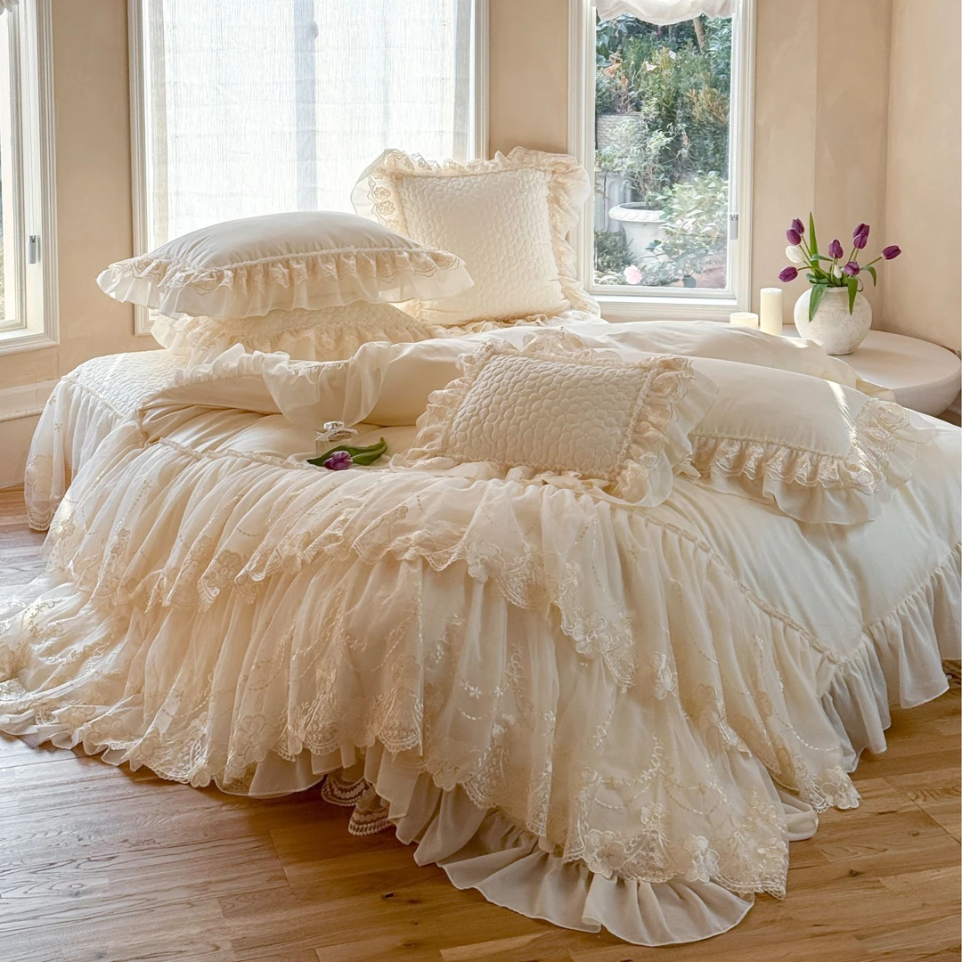 法式少女心全棉长绒棉四件套公主风纯棉被套夹棉床盖裙款床裙