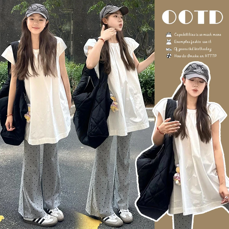 孕妇装女2025新款爆款洋气短袖上衣夏季波点弹力喇叭裤子孕期穿搭