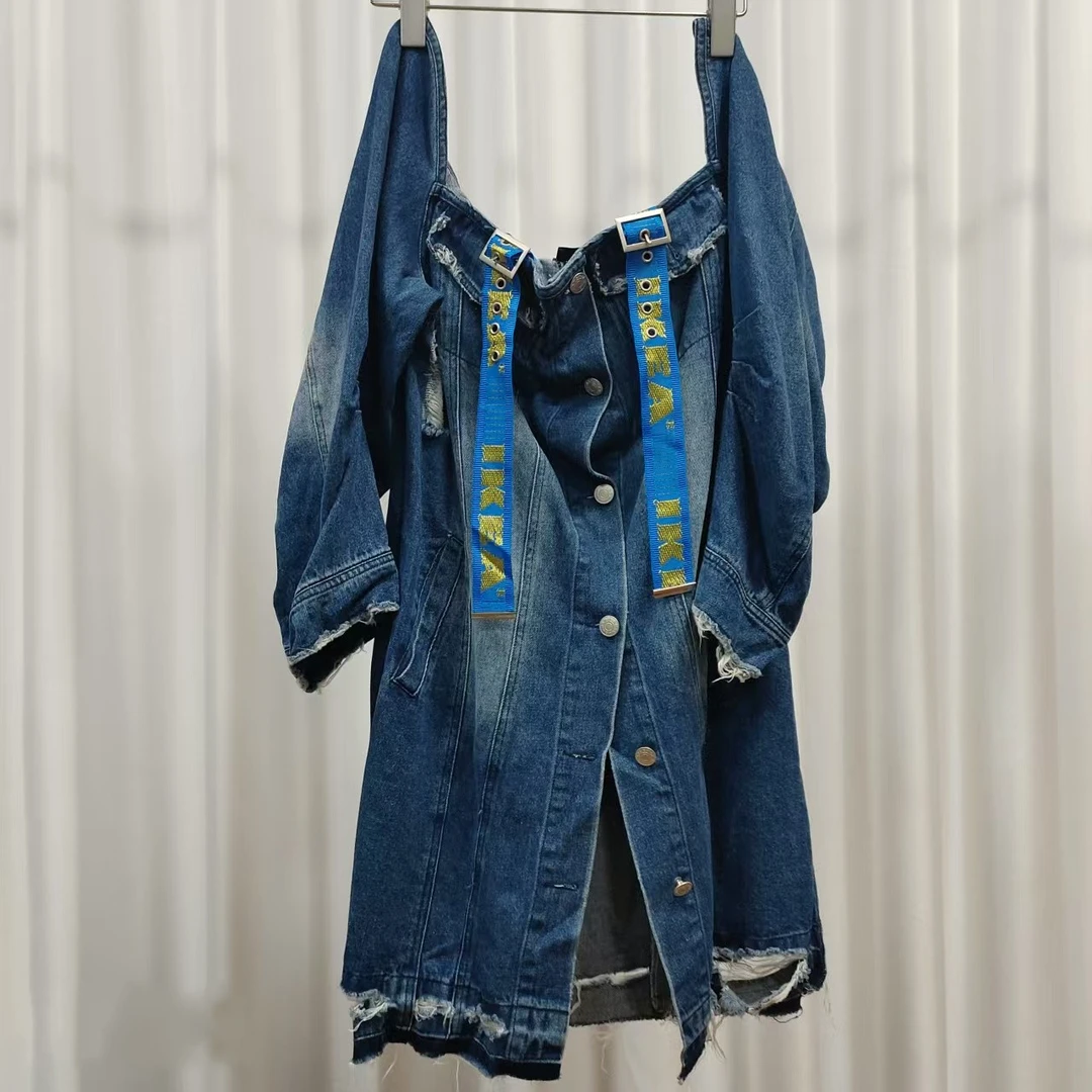 尚系列  E348  女装时尚大方领泡泡袖牛仔连衣裙蓝色1706111AW