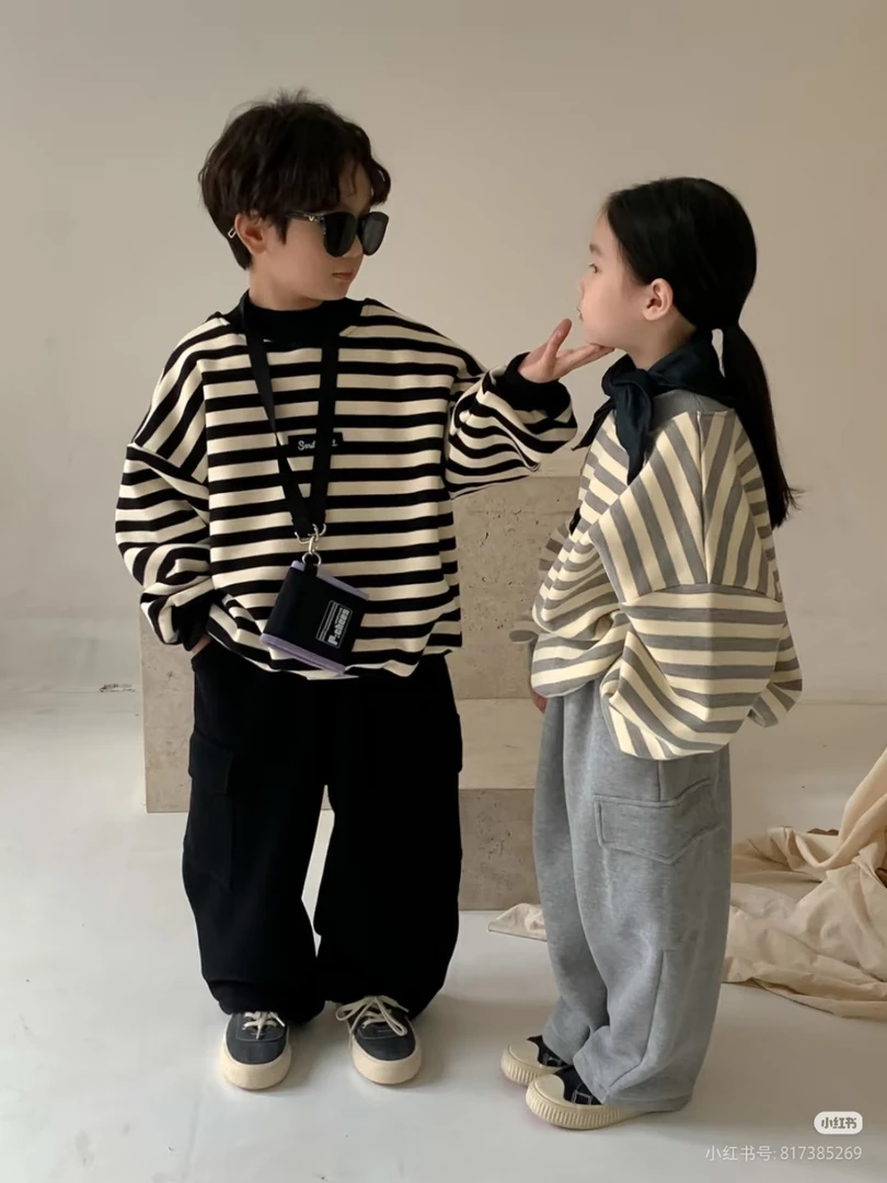 儿童秋冬季加绒百搭打底衫女童冬装男童长袖条纹上衣大童保暖衣服